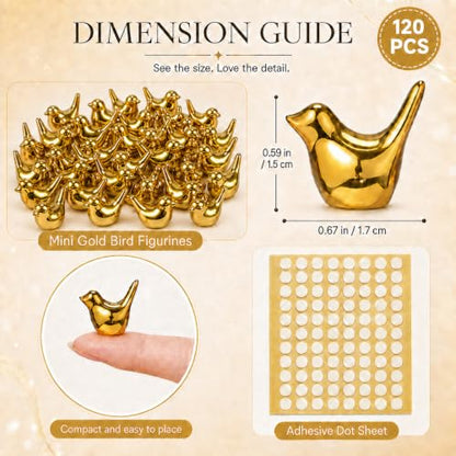 Gold Mini Resin Bird Figurines Set - 120 Pcs with Adhesive Dots for Crafts & Decor