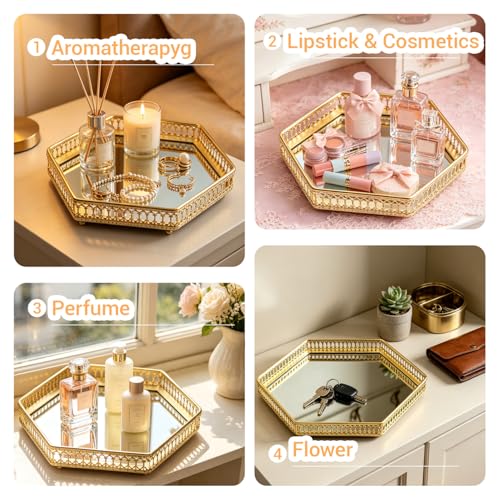 Gold Hexagonal Perfume Tray with Mirror, Acrylic & Metal Vanity Organizer - 10.6" x 6"