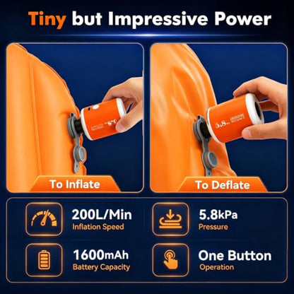 Orange Portable Air Pump for Inflatables with Camping Light, Rechargeable Mini Electric Inflator