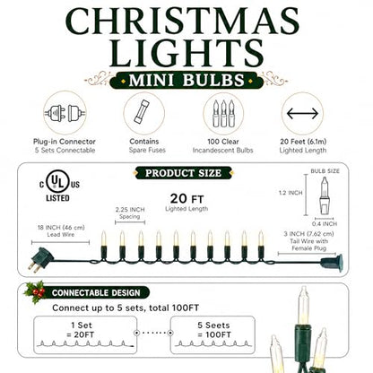 TW SHINE Warm White Outdoor Christmas String Lights 20FT 100 Count Waterproof Indoor Decoration