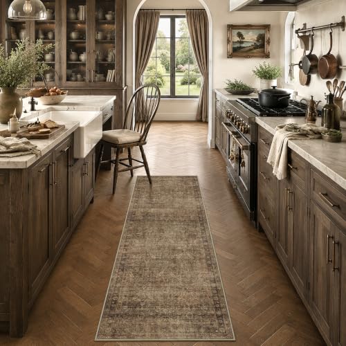 Brown 2ft x 6ft Washable Non Slip Hallway Runner Rug - Vintage Floral Pattern