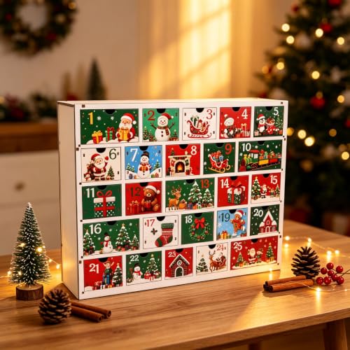Multicolor Wooden Advent Calendar 2026 with 25 Cartoon Drawers Holiday Decor