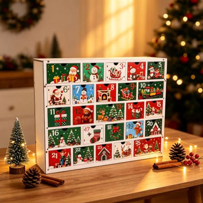 Multicolor Wooden Advent Calendar 2026 with 25 Cartoon Drawers Holiday Decor