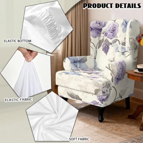 Retro Purple Floral Wingback Chair Cover 2-Piece Slipcover with Elastic Bottom