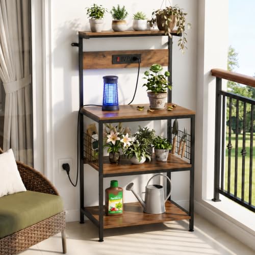 23.6-Inch Kitchen Bakers Rack with Power Outlet, Microwave Stand, Brown