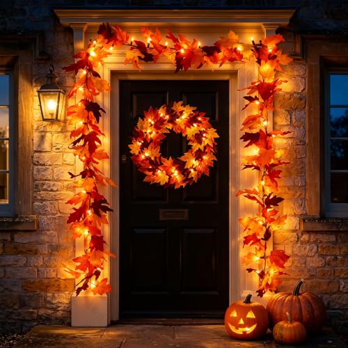 12 Ft LED Fall Garland with 50 Lights and 8 Modes Waterproof Maple Leaf Decor