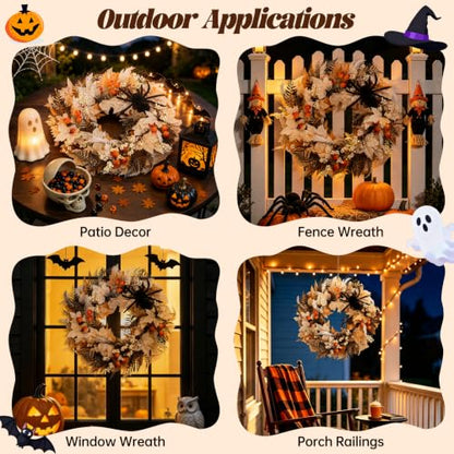 Halloween Front Door Wreath with Spider and Maple Leaves - 22 Inch