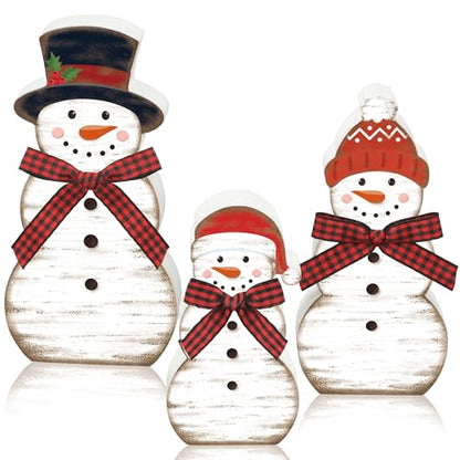 Christmas Snowman Wooden Table Decorations Set - Rustic Holiday Farmhouse Centerpiece