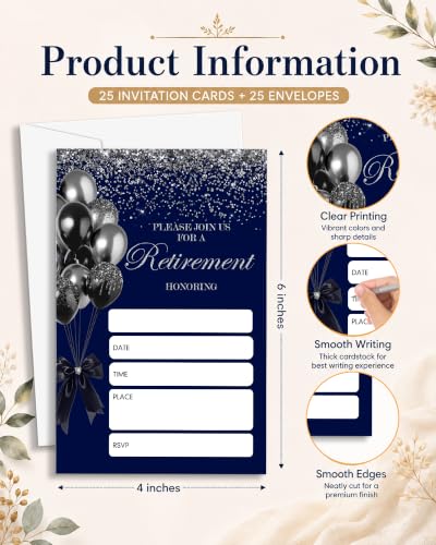 Navy Blue Retirement Party Invitations Set with Envelopes - 25 pcs