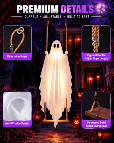 Halloween Outdoor Decorations Large 4.5 FT Hanging Swinging Ghost with Lights & Remote