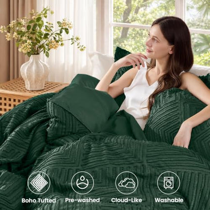 Emerald Green King Size Comforter Set - Boho Tufted Microfiber Bedding, 3-Piece