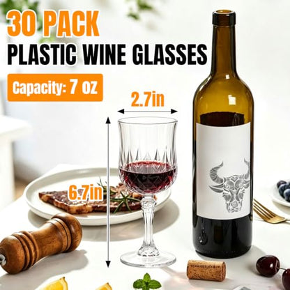 30PCS Clear Reusable Plastic Wine Glasses 7oz Goblets for Weddings & Events