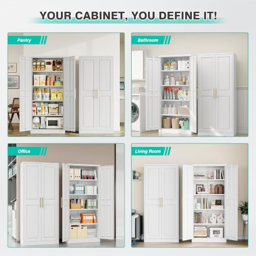 Tall White Metal Kitchen Pantry Cabinet with 2 Doors & 5 Shelves - 71 Inches