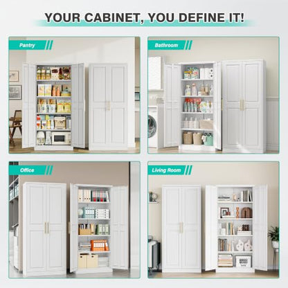 Tall White Metal Kitchen Pantry Cabinet with 2 Doors & 5 Shelves - 71 Inches