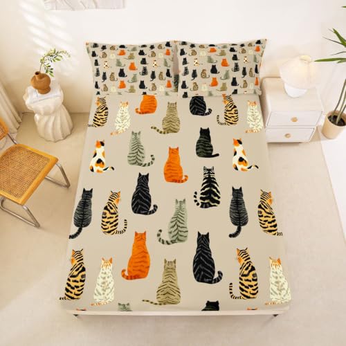 Manfei Cat Fitted Sheet Twin Size Orange Black Kitten Bedding Set 2Pcs - Deep Pocket