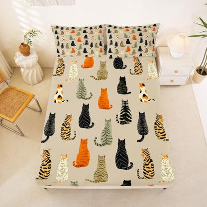 Manfei Cat Fitted Sheet Twin Size Orange Black Kitten Bedding Set 2Pcs - Deep Pocket