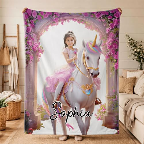 Pink Personalized Unicorn Princess Blanket with Photo and Name for Girls