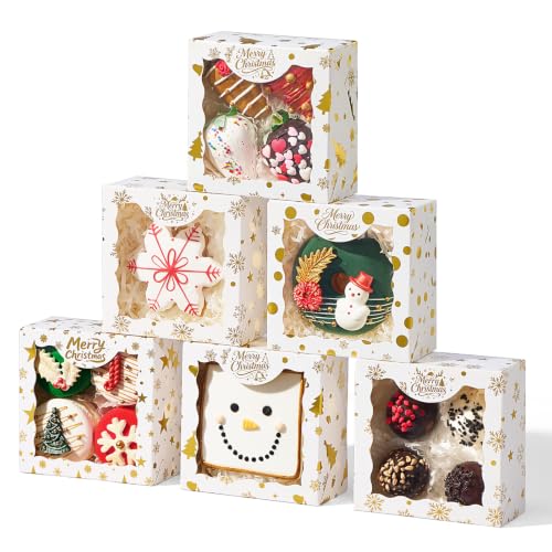 24PCS 4x4x2 Inch Christmas Treat Boxes with Clear Window – White, Gold Foil Pattern, 6 Per Style