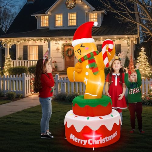 OurWarm 5FT Gingerbread Christmas Inflatable Outdoor Decoration - Rotating Santa Hat & Candy Cane