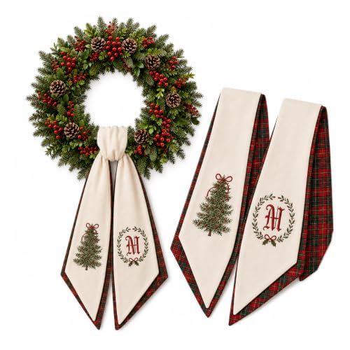 Personalized Christmas Wreath Sash Set - Monogram Embroidered Holiday Decor M