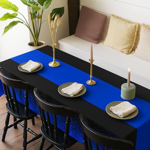 Disposable Plastic Tablecloths 54x108 Inch Black and Blue Dot Set - 16 Pack