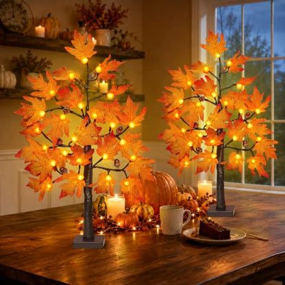 2 Pack 24-Inch Fall Maple Tree with Lights & Timer - Indoor Thanksgiving Decor Style 2