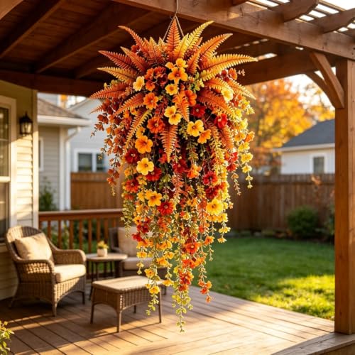 Artificial Fall Harvest Hanging Basket with Lifelike Flowers - Autumn Porch Decor - Variation 2