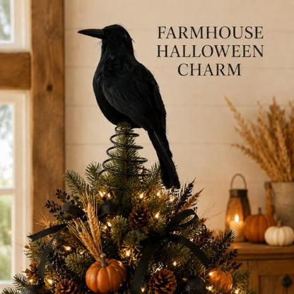 Halloween Crow Tree Topper - 9 Inch Black Raven Decoration for Tall Trees