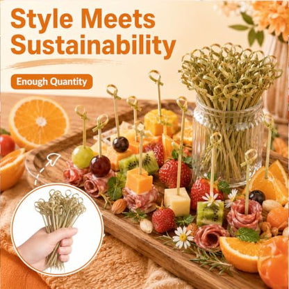 1200 Pcs Bamboo Cocktail Picks with Green Looped Knot - Food Skewers for Parties