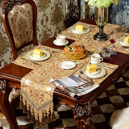 Luxury Velvet Table Runner 120 Inch with Damask Jacquard Dark Gold Variation