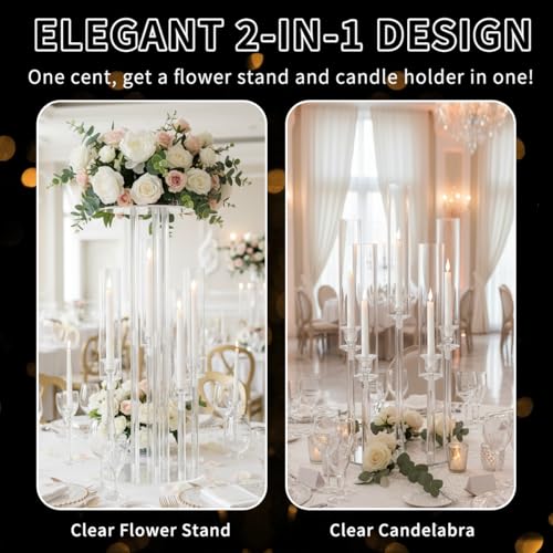 Clear Acrylic Candelabra Centerpiece with Flower Stand - 23.6 Inch, 2-in-1 LED Candle Holder