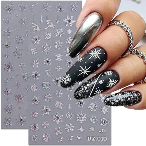 Christmas Nail Stickers Set A - Silver Snowflake & Reindeer 3D Decals for DIY Manicure