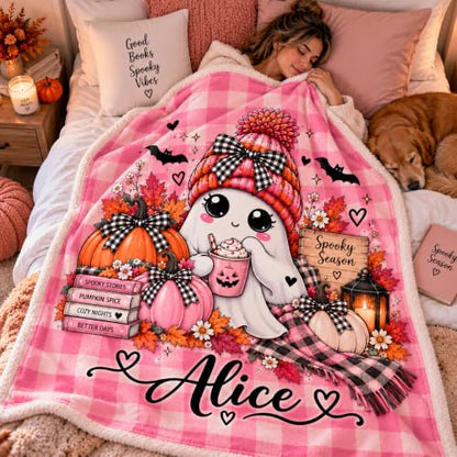 Halloween Ghost Blanket with Personalizable Name - Cozy Fall Throw for Couch & Bed, New9