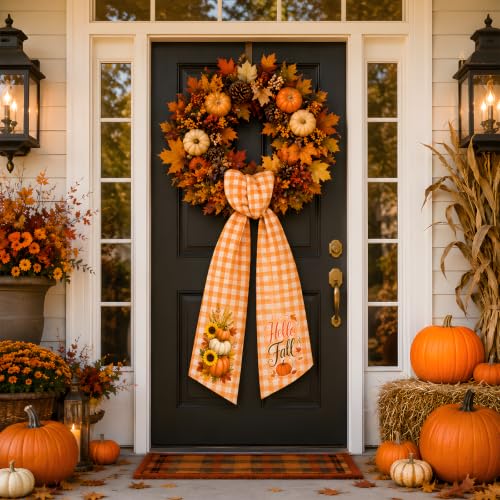 Fall Wreath Sash for Front Door - Orange and White Plaid Satin Decor - Variation of THIS listing