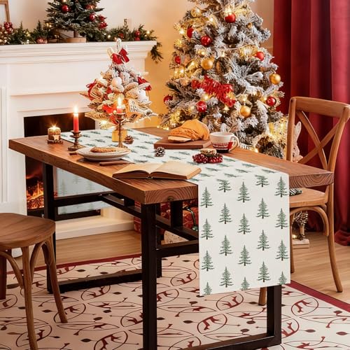 Beige Christmas Tree Table Runner 13x72 Inch Farmhouse Holiday Decor