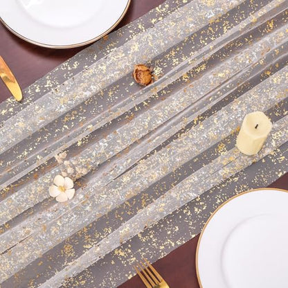 Beige Gold 10ft Sheer Glitter Metallic Gauze Table Runner for Weddings & Events