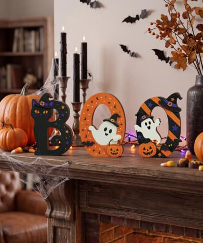 Putuo Decor Halloween BOO Letters Tabletop Decoration - Self-Standing Spooky Sign with Witch-Hat Cat, Ghost & Pumpkin - Orange, Black, Purple & White - Variation: BOO Letter