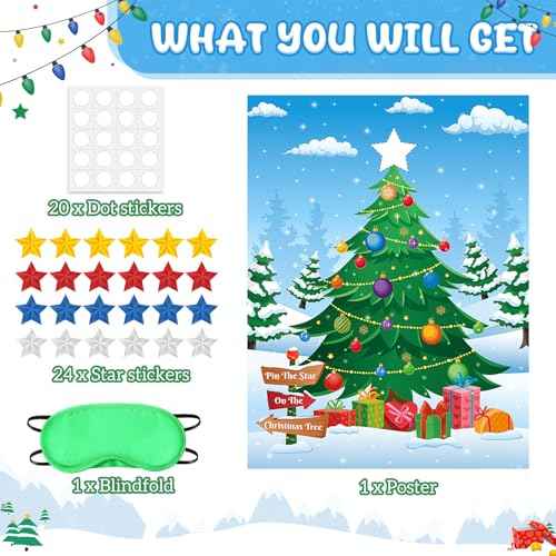 Faccito Pin The Star on The Christmas Tree Game Christmas Games for Party Xmas Games with Large Poster Sticker Blindfold Pin The Christmas Game for Holiday Group Family Winter Activities Supplies