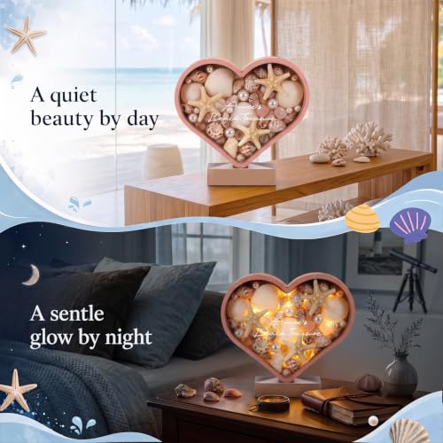 Heart-Shaped Wooden Seashell Display Stand with LED Light and Custom Name - Coastal Shadow Box