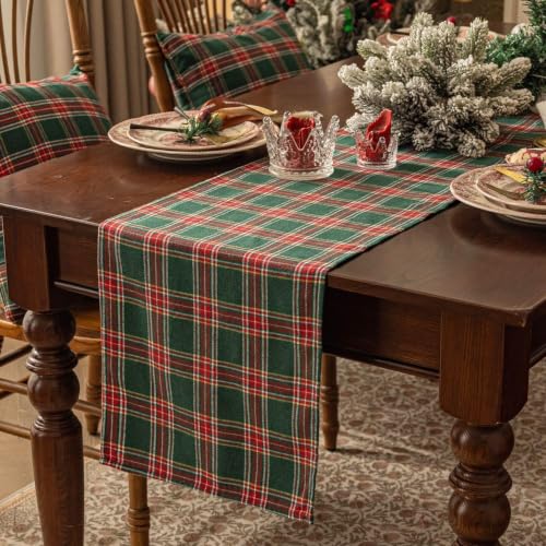 Christmas Checkered Tartan Table Runner - Green, 13 x 70 Inches - 2 Pack