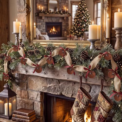 36 ft Rustic Christmas Bell Garland with Burlap & Metal Sleigh Bells - Farmhouse Decor