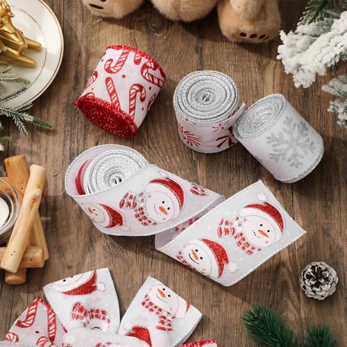 Christmas Glitter Wired Edge Ribbon Snowman Snowflake Candy Set - 4 Rolls, 24 Yards