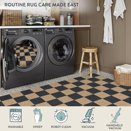 5' x 7' Checkerboard Outdoor Patio Rug - Washable Jute Look Black
