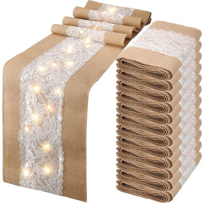 Burlap Table Runners with Lights - 12 x 108 Inches, Floral Lace, 12 Pcs - Flower Variation