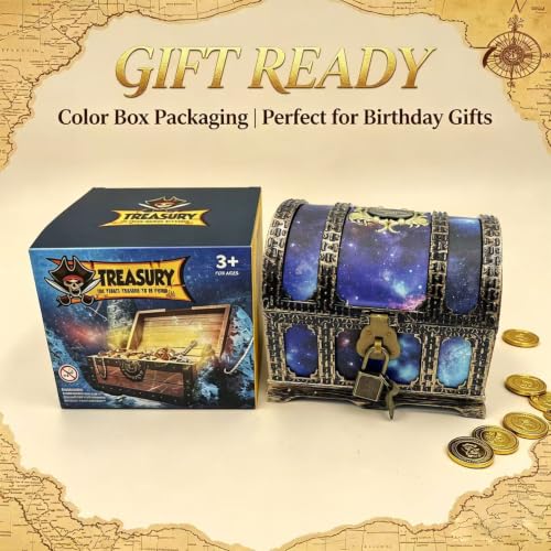 Starry Galaxy Treasure Chest with Lock and Key - Kids Pretend Play Storage Box, Classroom Prize Container