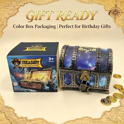Starry Galaxy Treasure Chest with Lock and Key - Kids Pretend Play Storage Box, Classroom Prize Container