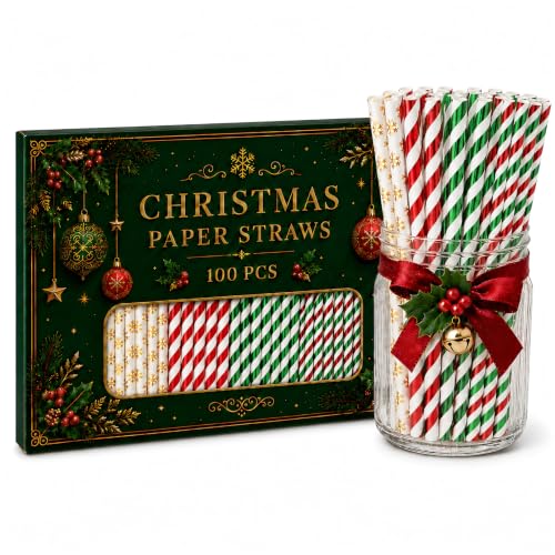 Christmas Paper Straws Set - Red, Green & Snowflake Pattern Mix, 100 Pack
