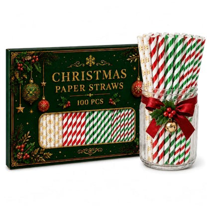 Christmas Paper Straws Set - Red, Green & Snowflake Pattern Mix, 100 Pack