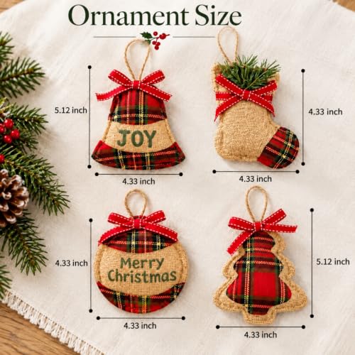 16 Pcs Rustic Burlap and Red Buffalo Plaid Christmas Ornaments Set