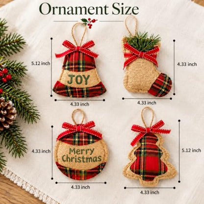 16 Pcs Rustic Burlap and Red Buffalo Plaid Christmas Ornaments Set